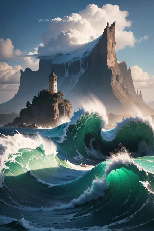 Bela paisagem, ilha montanhas, ondas